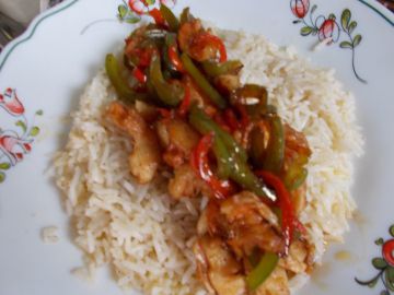 Mes crevettes à la chinoises, riz basmati & poivron vert et rouge