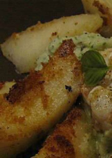 pâtissons pannes cœur de cabillaud sur purée verte