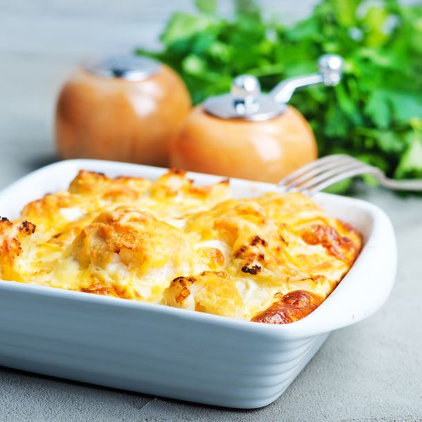 Tartiflette aux légumes et allumettes de jambon