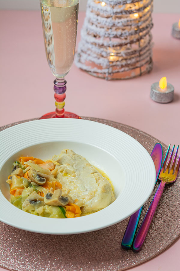 Filets de colin au champagne, tagliatelles de légumes light Cookeo