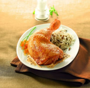 Cuisse de poulet sauce moutarde, riz parfumé et sa compotée d'abricots