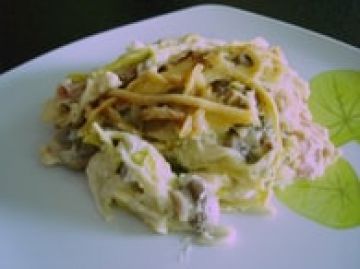 Gratin de poireaux au lard et champignons de Paris