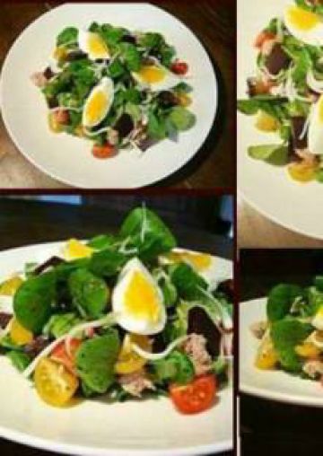 Salade de mâche, betterave, thon, oeuf dur, tomates cerise