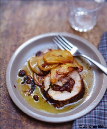 Rôti de porc, abricots et poires