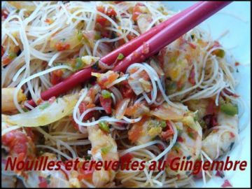 Wok crevettes - poivrons- gingembre et nouilles chinoises