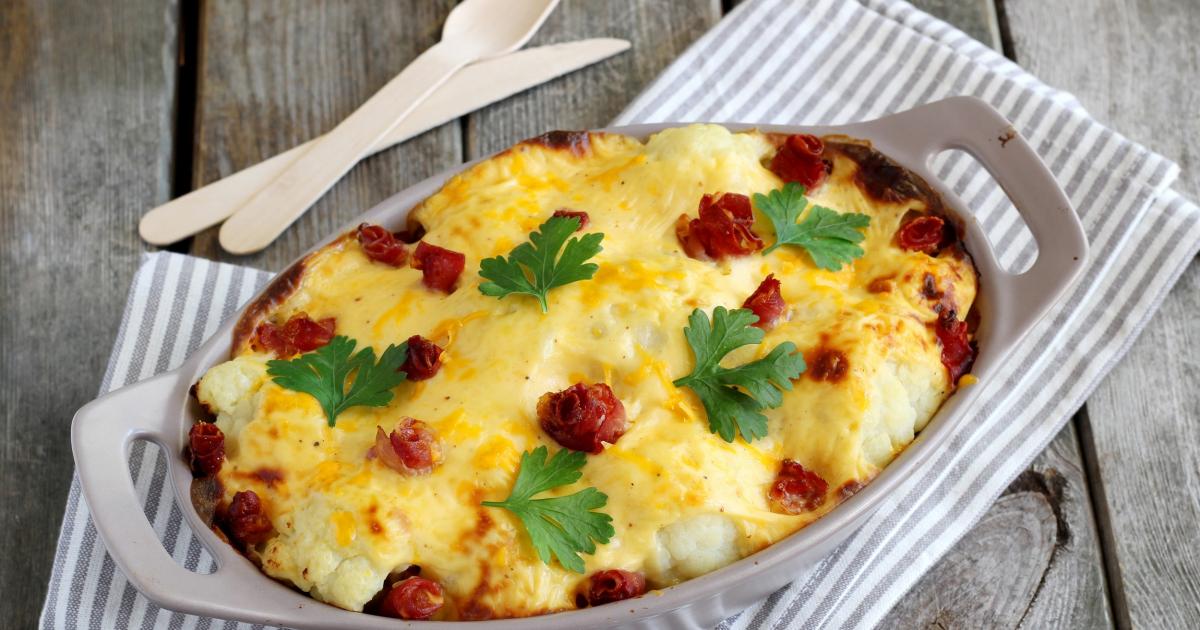 Gratin de chou-fleur et jambon de Serrano à la mimolette