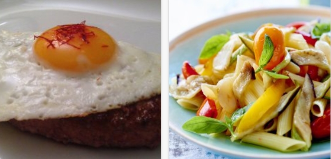 Pâtes au blé dur, légumes grillés & steak à cheval